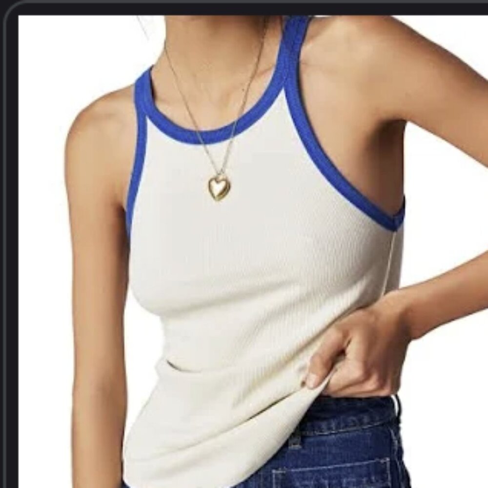 Free People White Tank Top with Blue Trim